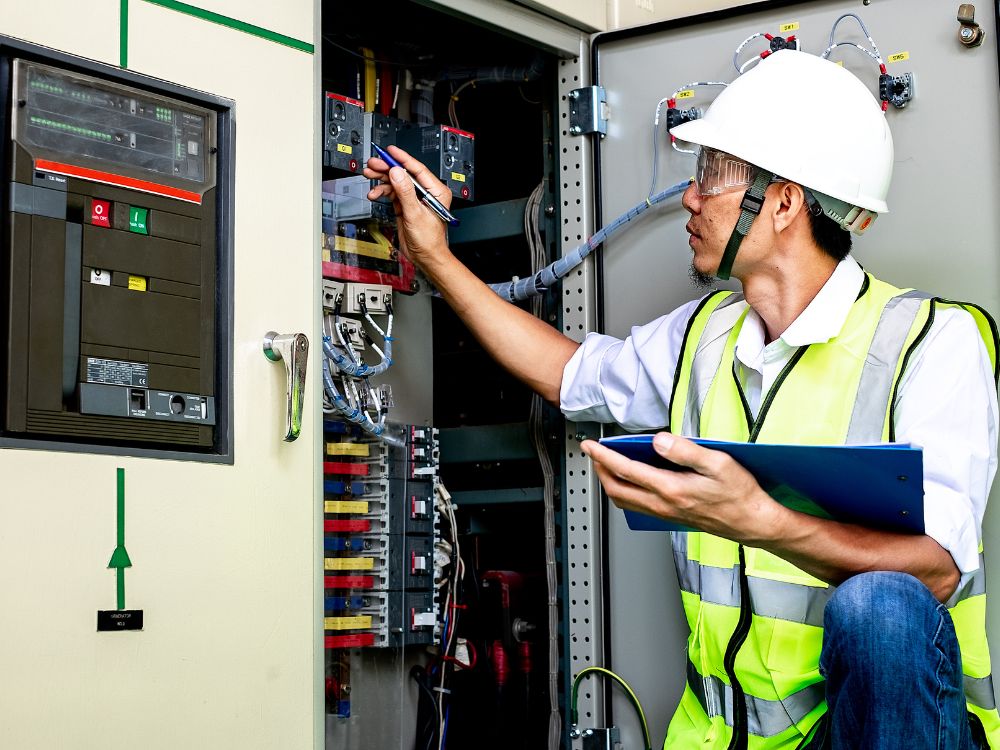 Engenheiro elétrico realizando inspeção em painel de controle, verificando conexões e componentes — termos de engenharia elétrica.